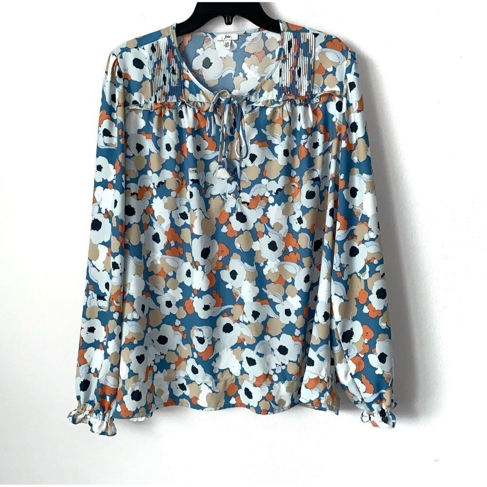 Joie Floral Top Womens Large Keyhole Neck Pleating Long Sleeves Ruffle Cuffs